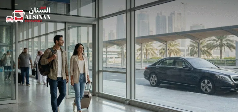 Calm tourists arriving at Dubai International Airport with light luggage, heading toward pre arranged transport for a stress free start to their trip.