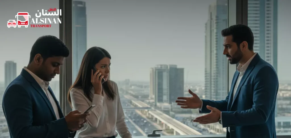 Office professionals in Dubai discussing schedules while looking concerned about daily staff transport delays.