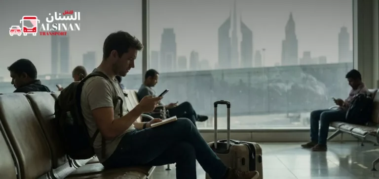 Traveler calmly reviewing plans before a trip to Dubai, focusing on preparation and thoughtful travel planning.
