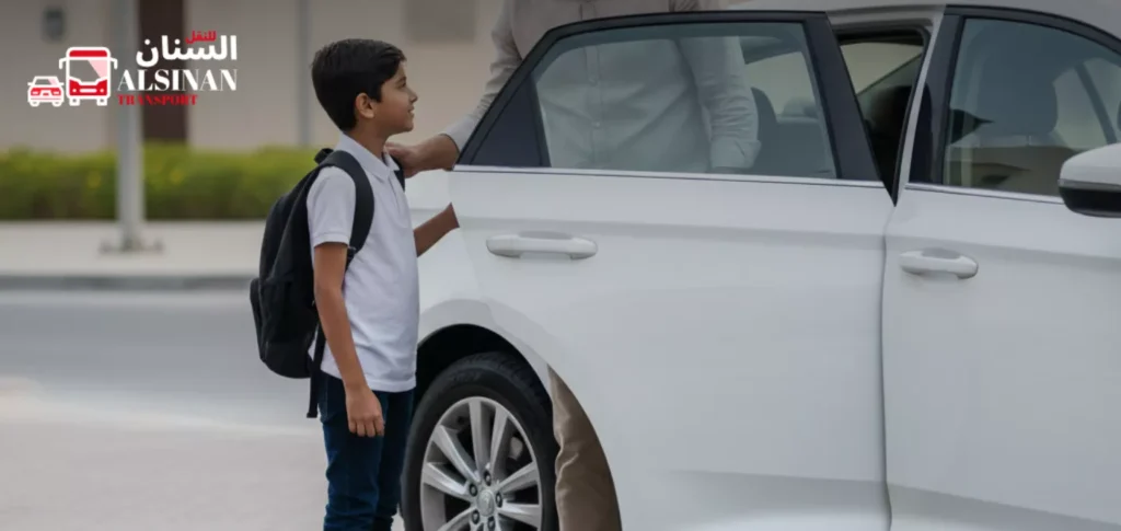 Parent helping a child enter a comfortable vehicle in Dubai, showing calm and reliable daily family transport.